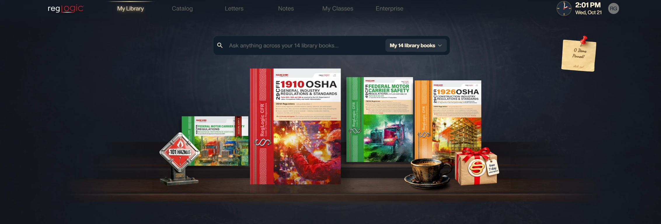 RegLogic My Library screen with the book shelf